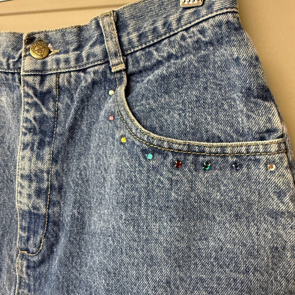 Vintage 1980s Guess Marciano Denim Mini Skirt Size 30 Sparkle Festival Frayed - Picture 4 of 9